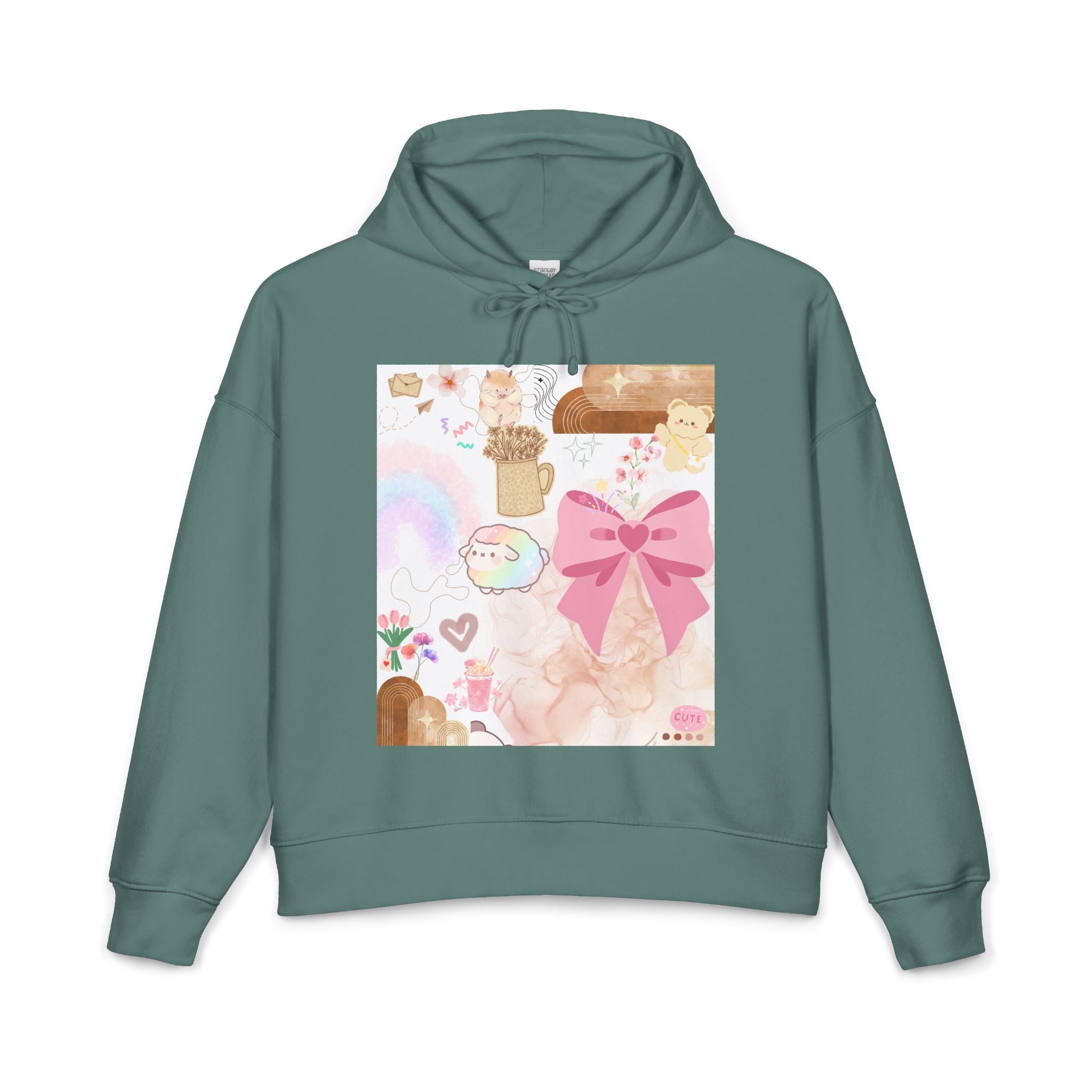 Cute Pastel Collage Hoodie — Pink Bow, Rainbow & Floral Graphic