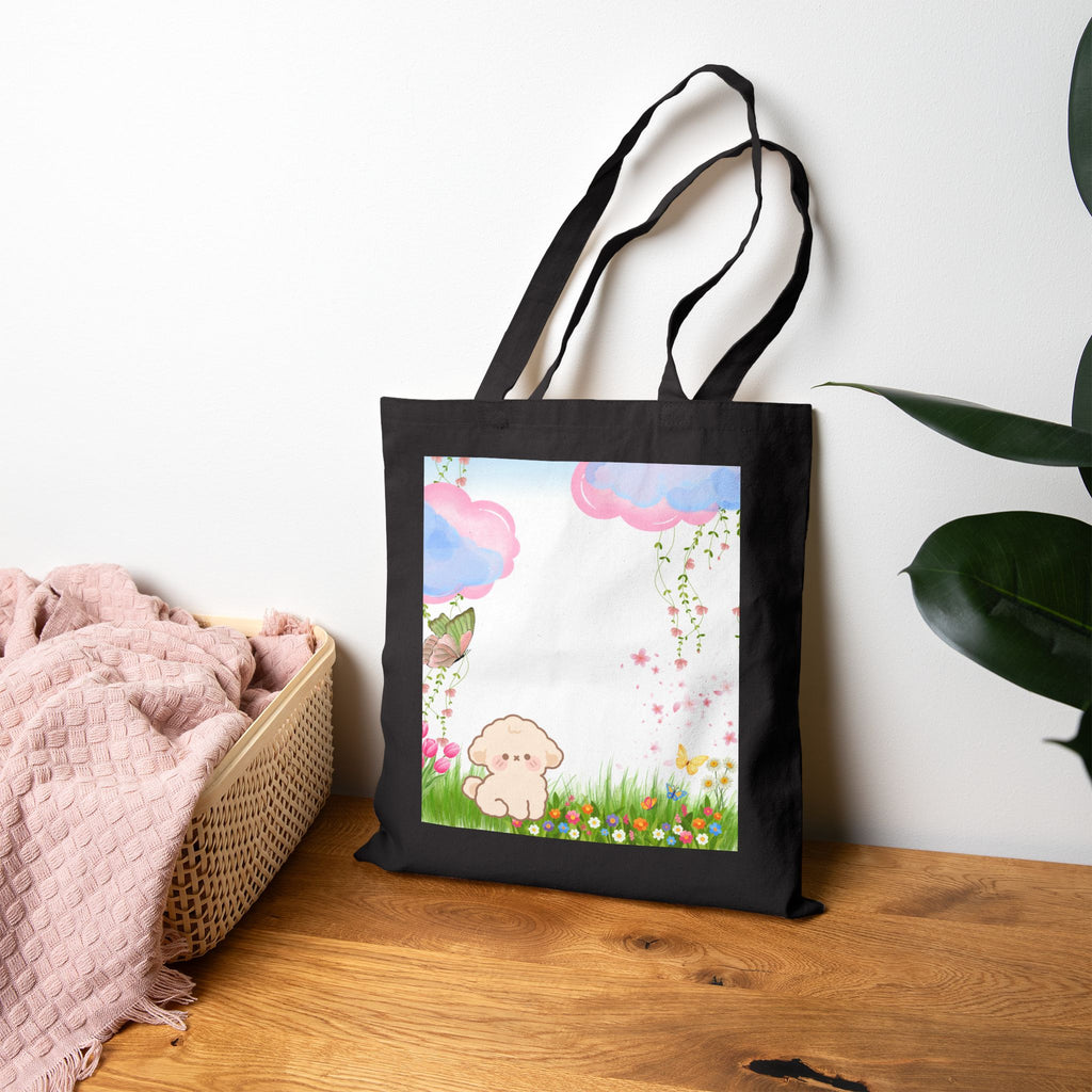 Cute Pastel Puppy Canvas Tote Bag — Floral Cloud Market Bag