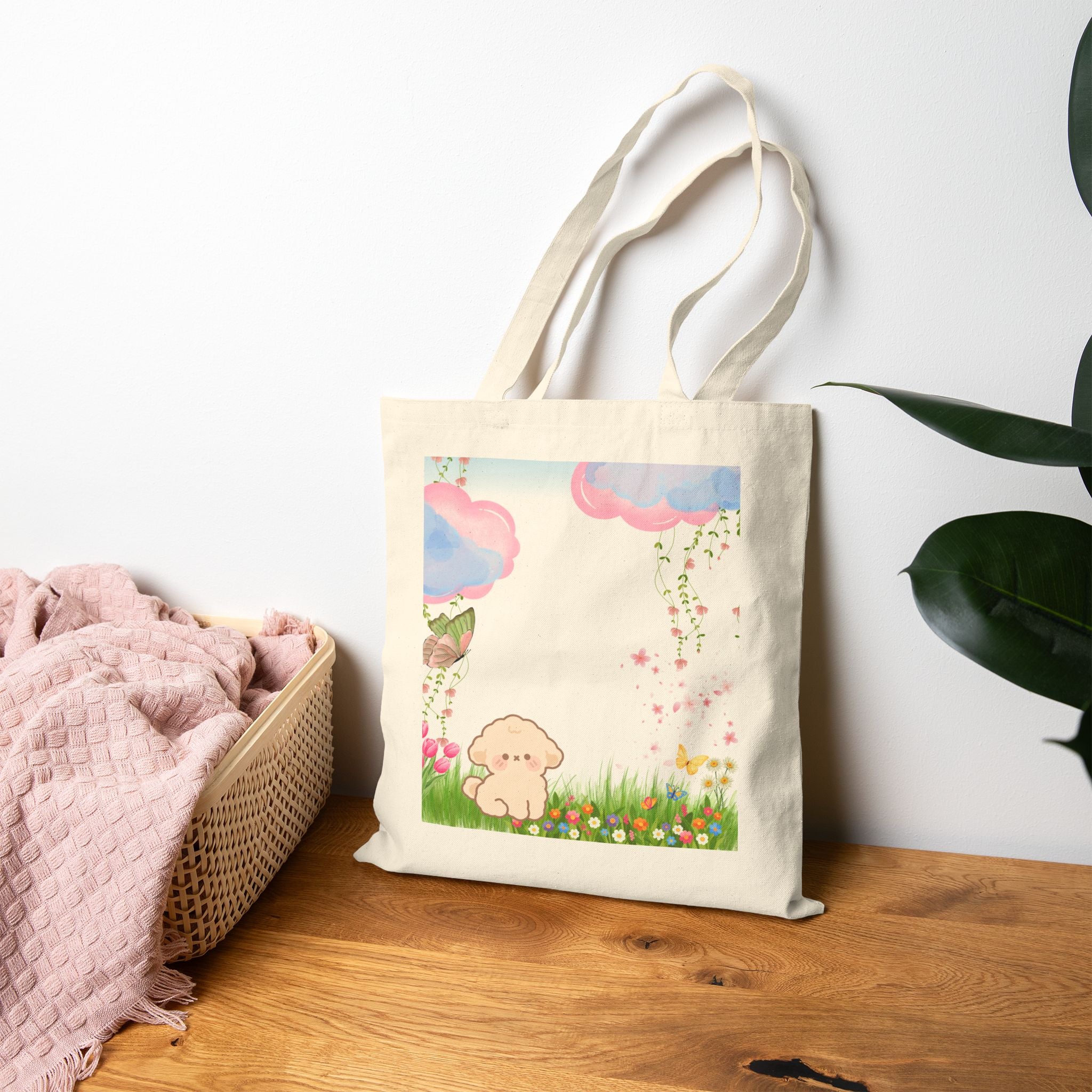 Cute Pastel Puppy Canvas Tote Bag — Floral Cloud Market Bag