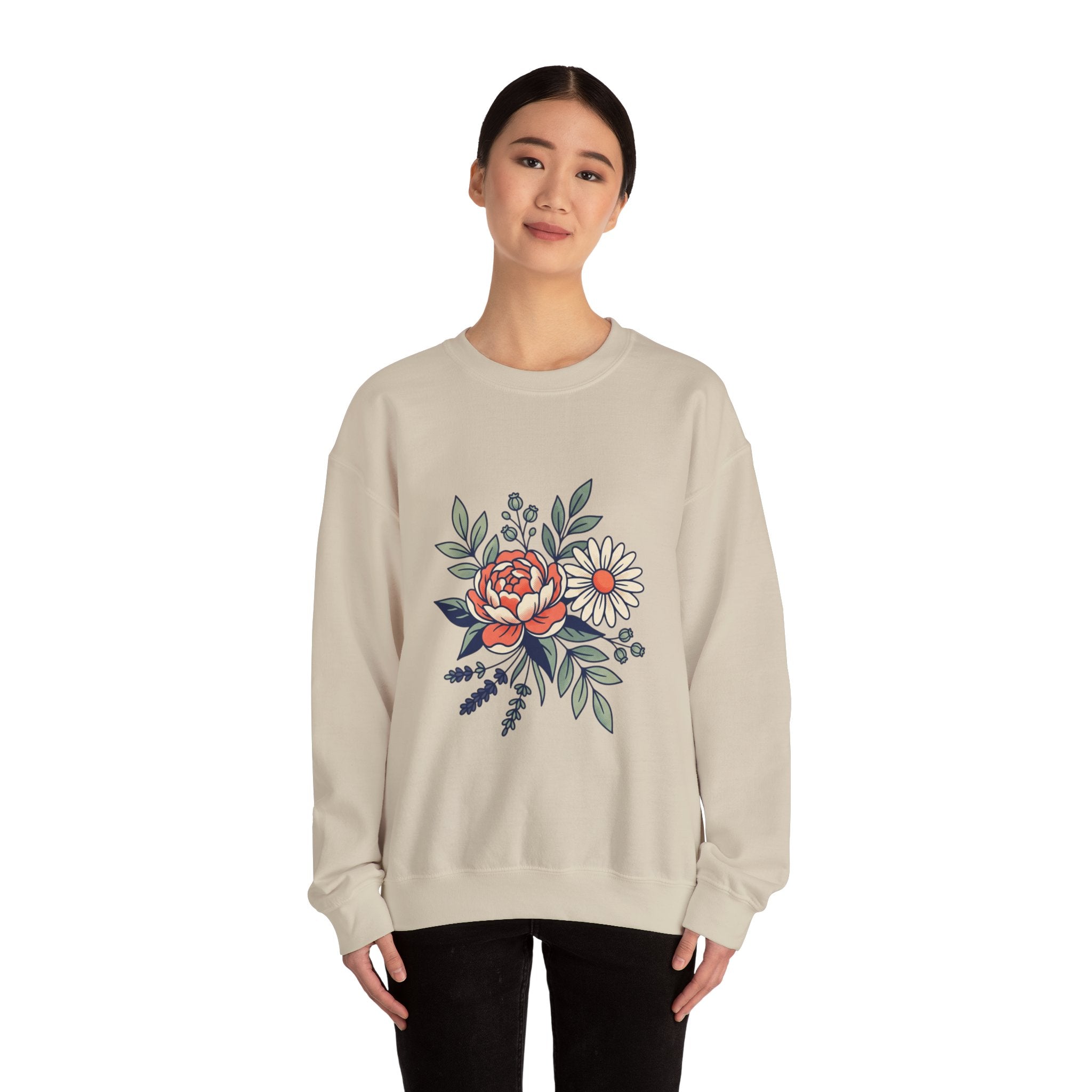 Floral Bouquet Crewneck Sweatshirt — Vintage Peony & Daisy Floral Graphic