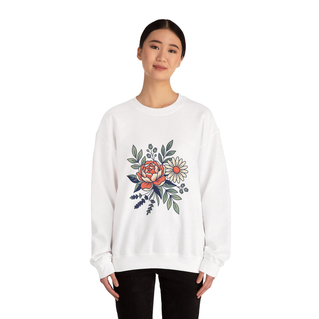 Floral Bouquet Crewneck Sweatshirt — Vintage Peony & Daisy Floral Graphic