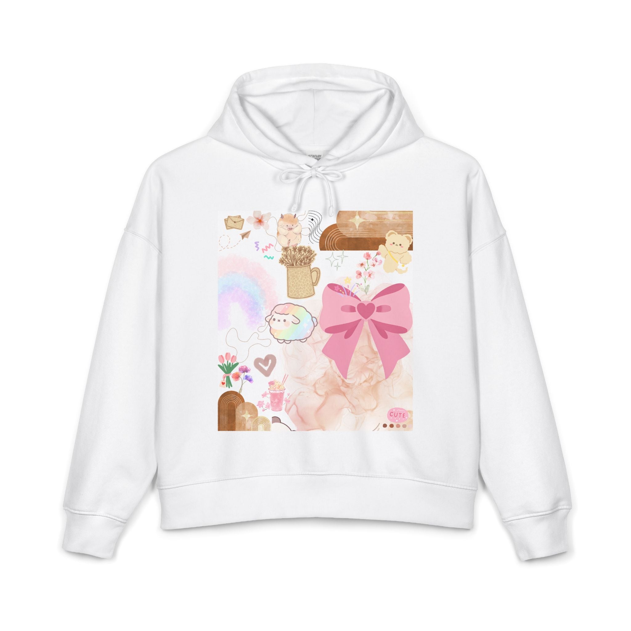 Cute Pastel Collage Hoodie — Pink Bow, Rainbow & Floral Graphic