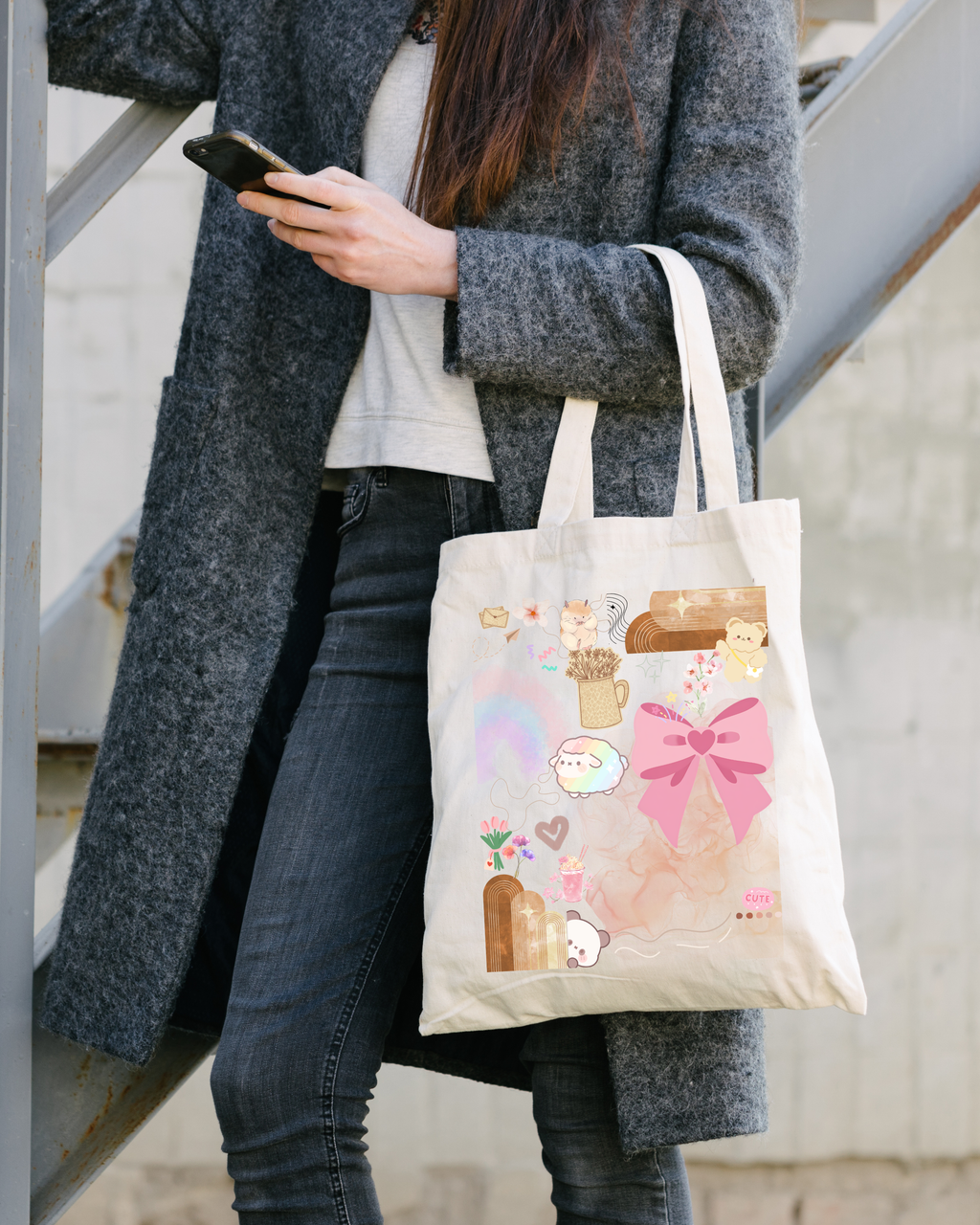 Cute Pastel Collage Canvas Tote — Pink Bow & Cozy Aesthetic