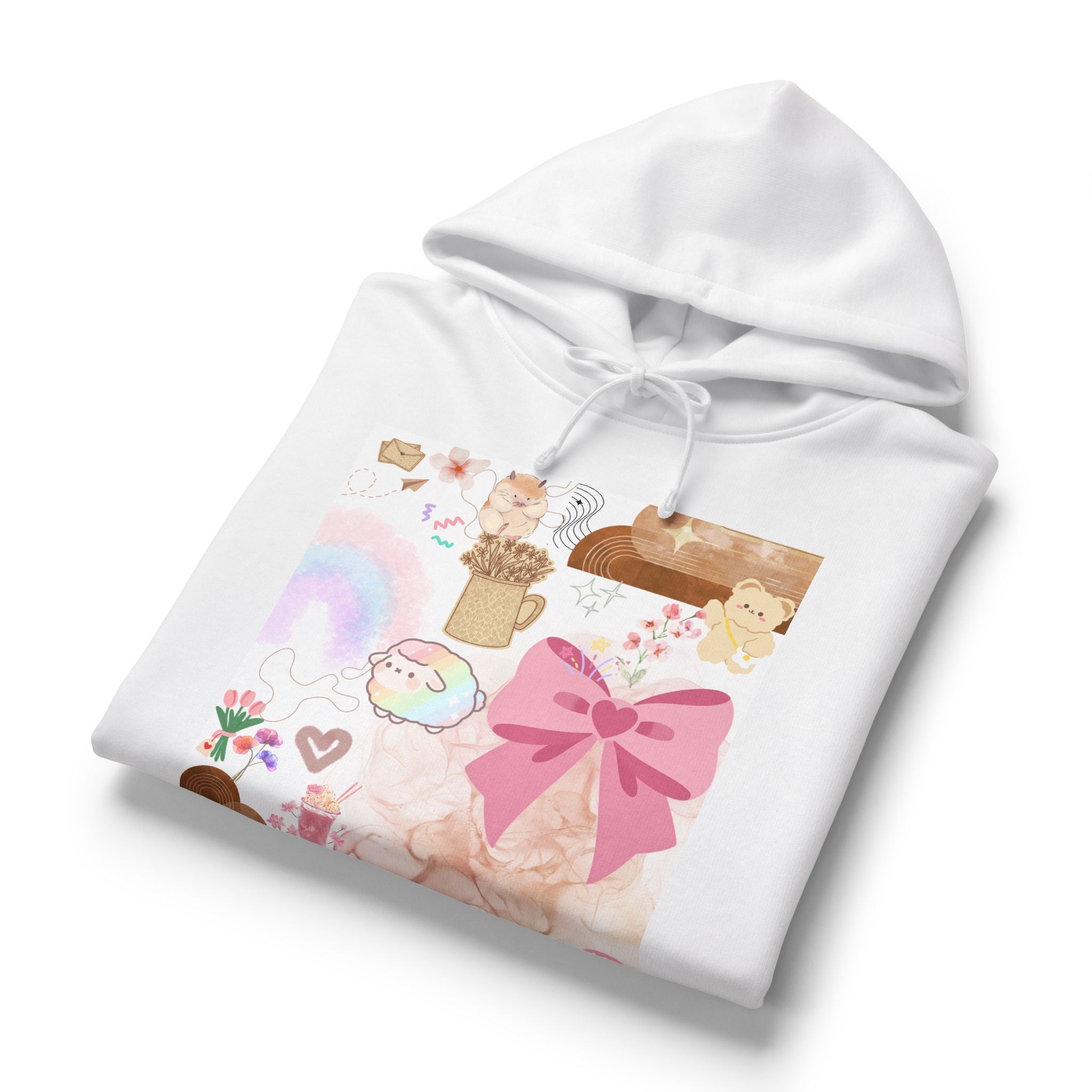Cute Pastel Collage Hoodie — Pink Bow, Rainbow & Floral Graphic