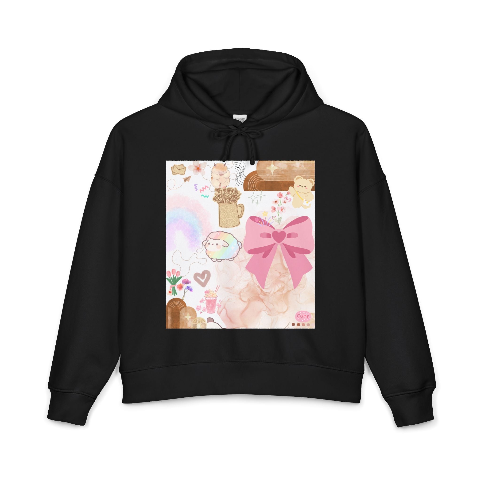 Cute Pastel Collage Hoodie — Pink Bow, Rainbow & Floral Graphic