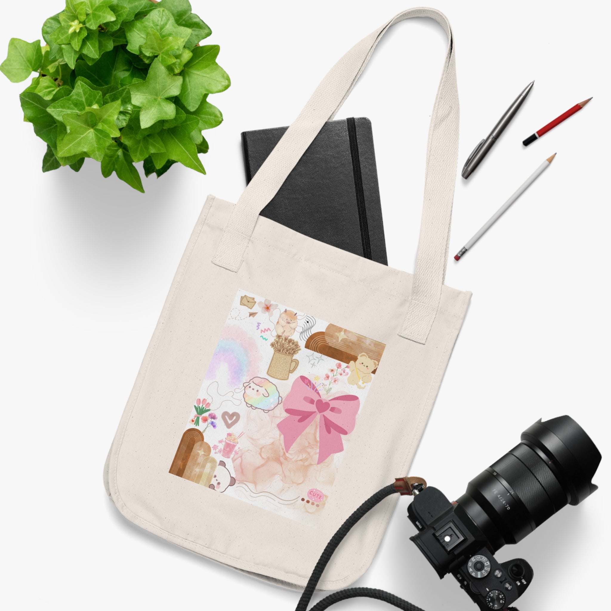Cute Pastel Collage Canvas Tote — Pink Bow & Cozy Aesthetic