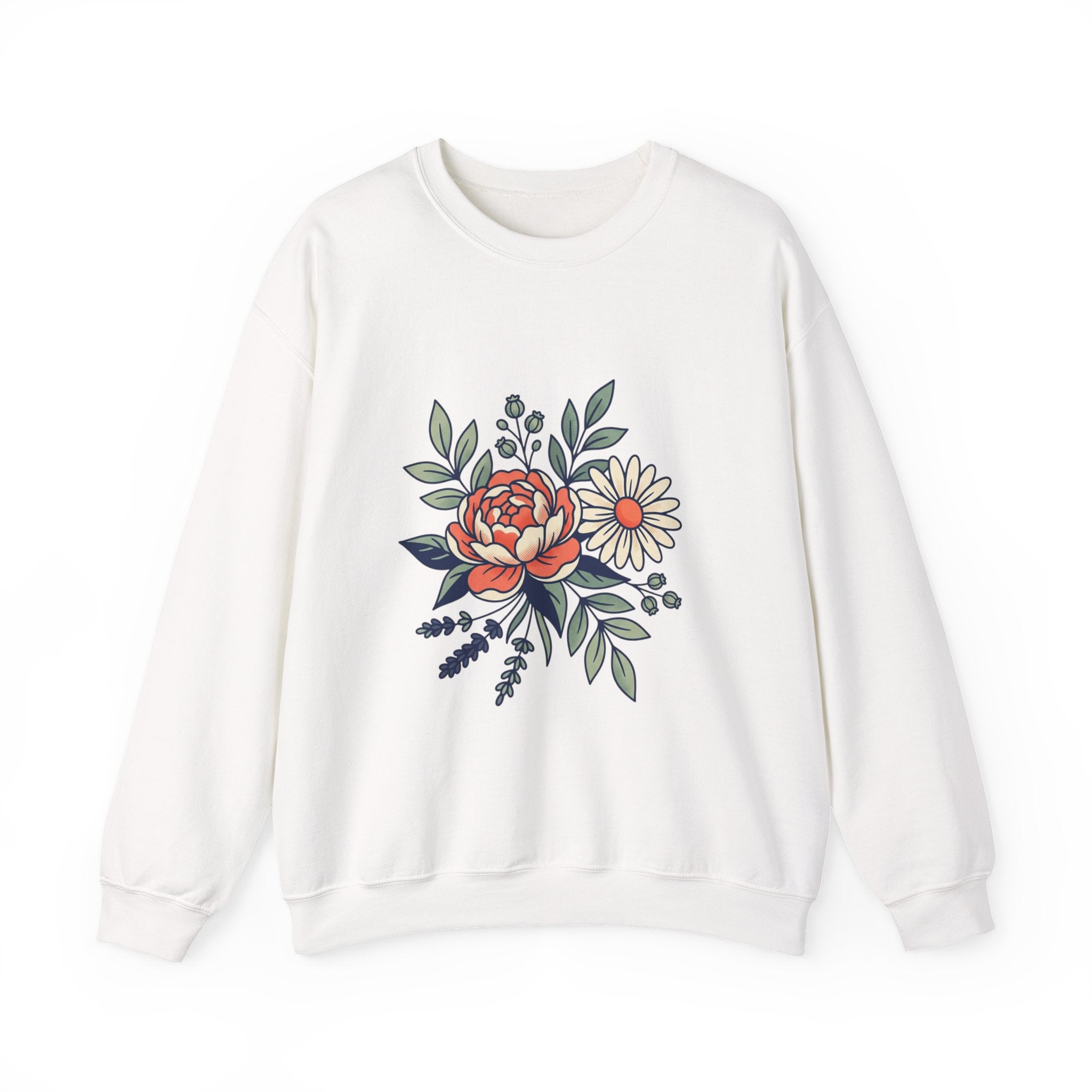 Floral Bouquet Crewneck Sweatshirt — Vintage Peony & Daisy Floral Graphic